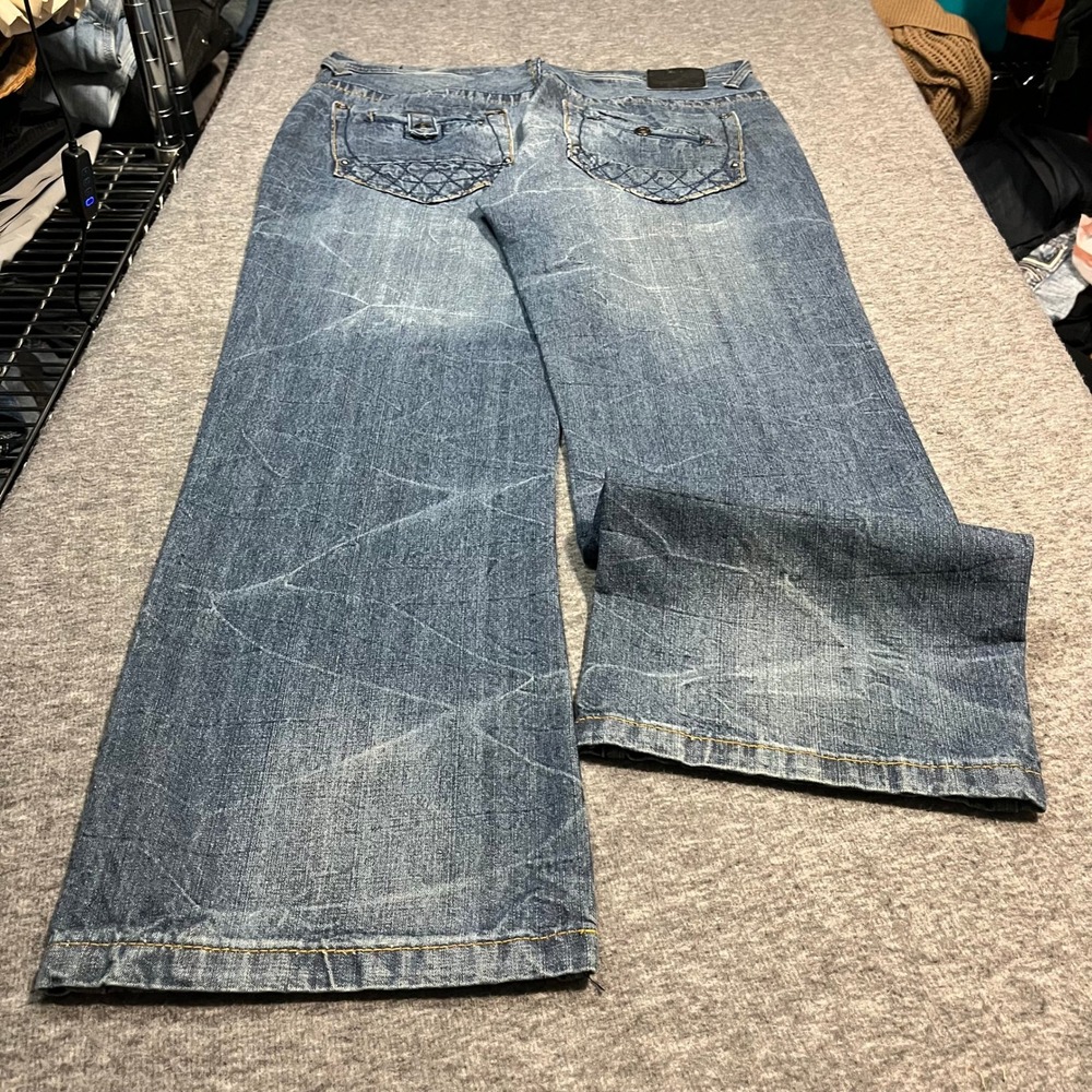 Enyce Mens 36x32 Baggy Wide Leg Jeans Blue Embroidered Y2K Streetwear Denim